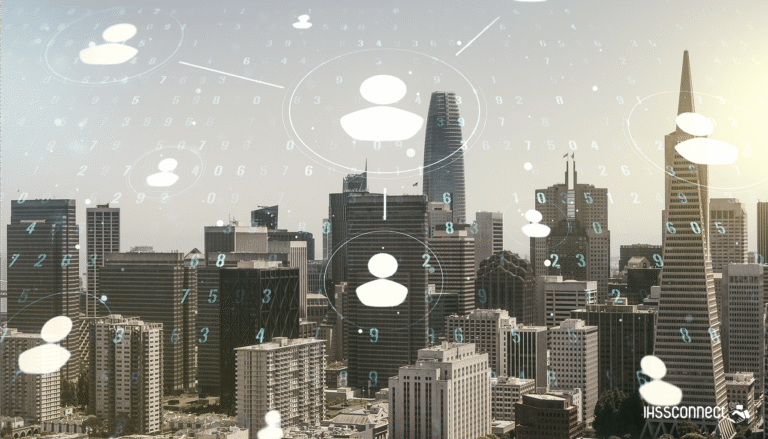 San Francisco skyline with a technology overlay, representing California's social services and digital resources for IHSS recipients.