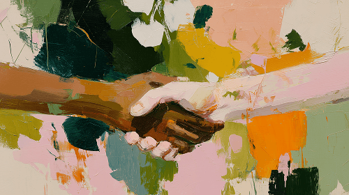 A caregiver and a family member shaking hands, symbolizing trust and a successful care connection through IHSS Connect.