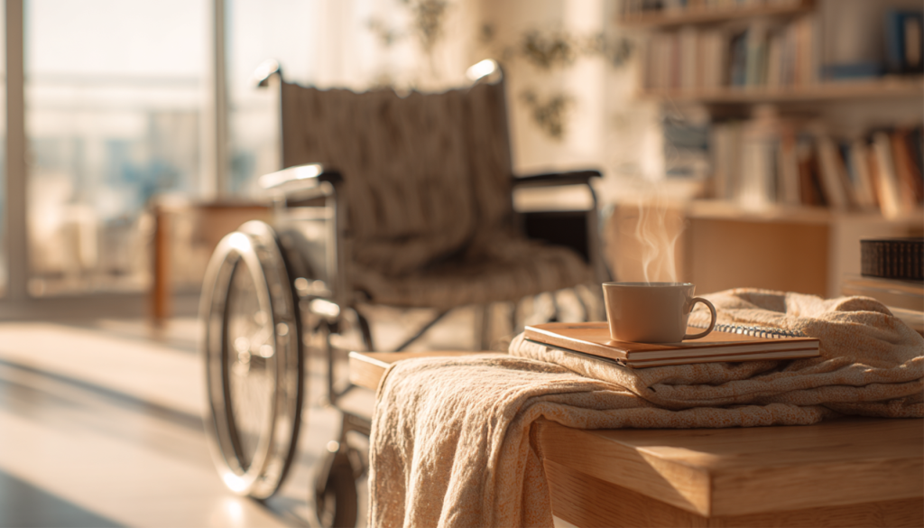 Comfortable wheelchair in a soft light in a modern California home slightly out of focus. Books and cup of coffee in foreground.