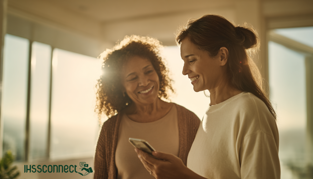 Caregiver and woman look at phone for EVV verification
