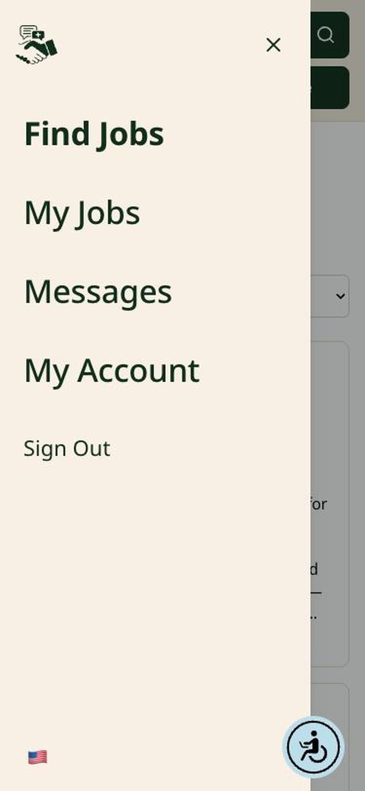 Caregiver menu with Find Jobs, My Jobs, Messages, and My Account