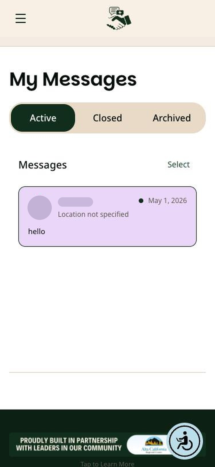 My Messages page with Active, Closed, and Archived tabs and one conversation