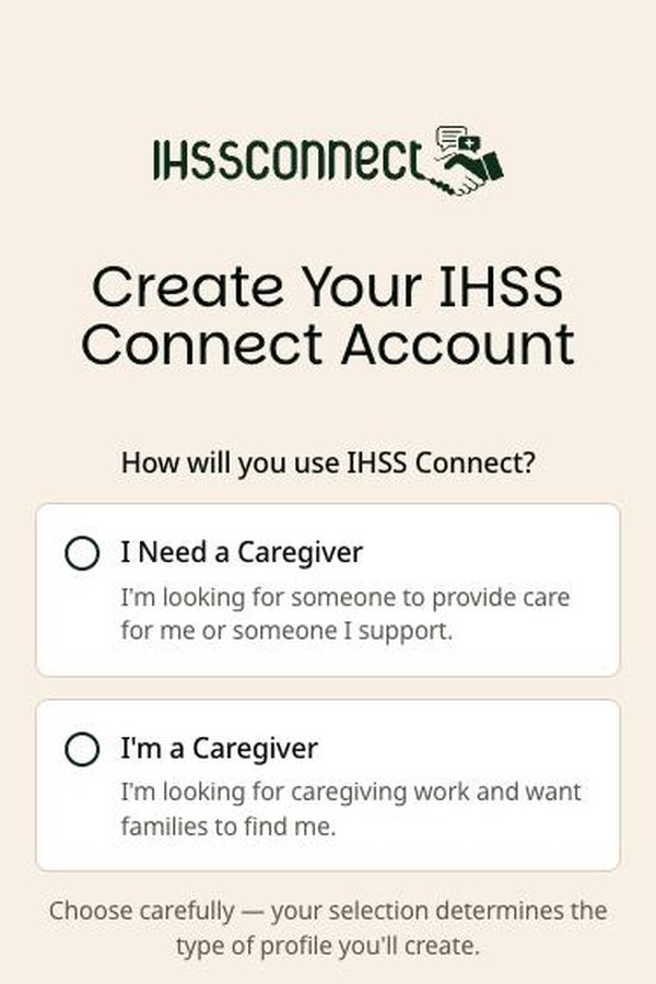 Sign-up screen with two choices: I Need a Caregiver, and I'm a Caregiver