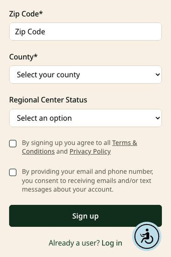 Sign-up form with ZIP code, county, regional center status, consent boxes, and a Sign up button