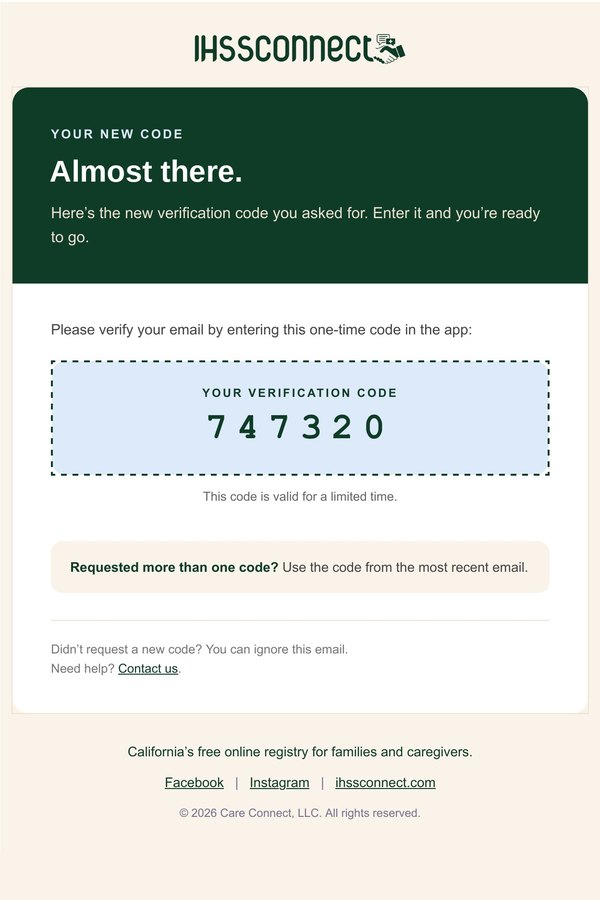 IHSS Connect verification email showing a 6-digit code