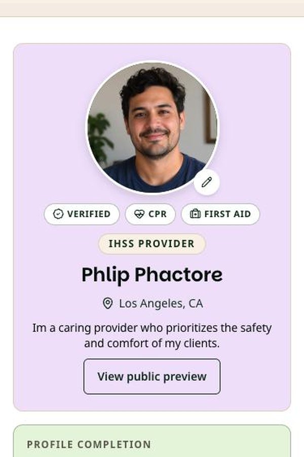 Caregiver My Account page with profile photo, certifications, and profile completion