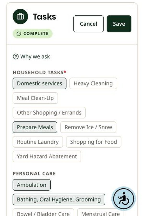 Tasks section in edit mode with task options and Save and Cancel buttons