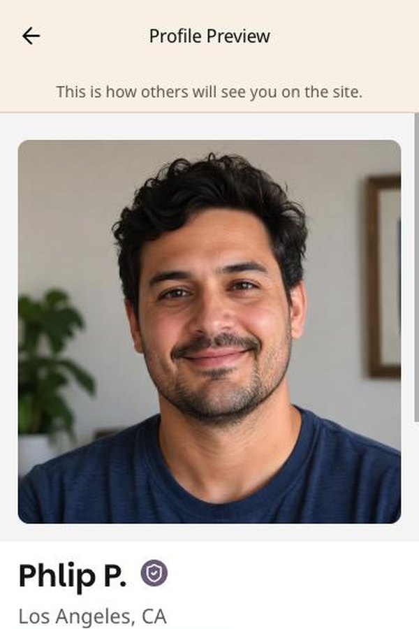 Public profile preview showing photo, first name and last initial, and city