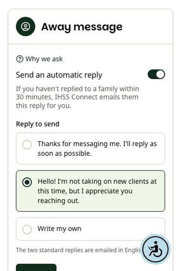 Away message settings with an automatic reply toggle and reply options