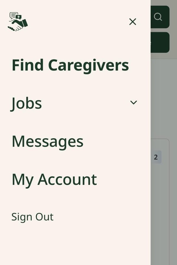 Family menu with Find Caregivers, Jobs, Messages, and My Account