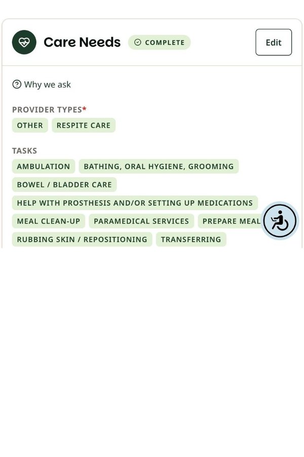 Care Needs section listing provider types and tasks such as ambulation, bathing, and transferring