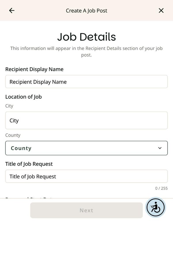 Create a Job Post form with display name, city, county, and title fields