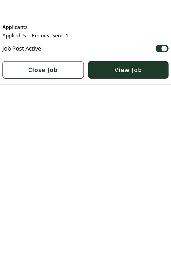 Job post card showing applicant counts with Close Job and View Job buttons