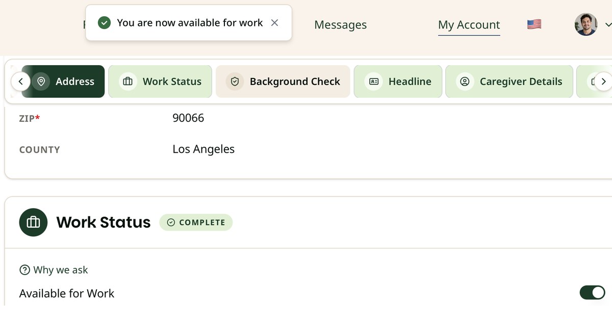 Work Status section on a computer with the Available for Work switch on. A message at the top says You are now available for work.