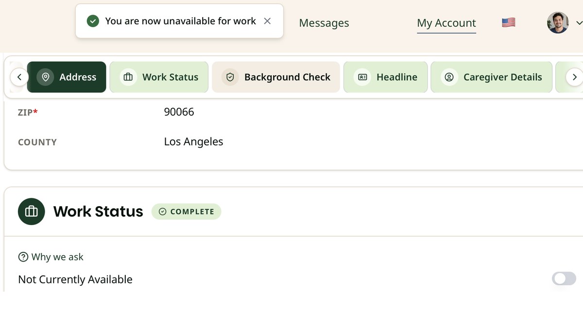 Work Status section on a computer after the switch is turned off. It reads Not Currently Available, and a message at the top says You are now unavailable for work.