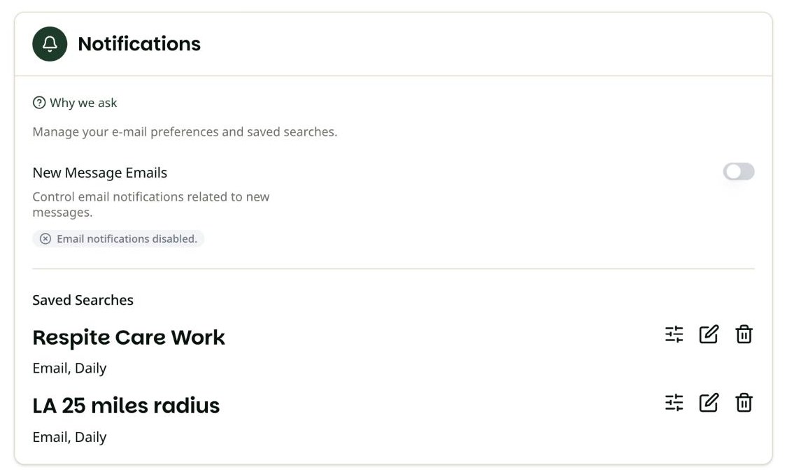 Notifications section on a computer, showing the New Message Emails switch and the Saved Searches list with pencil and trash can icons.