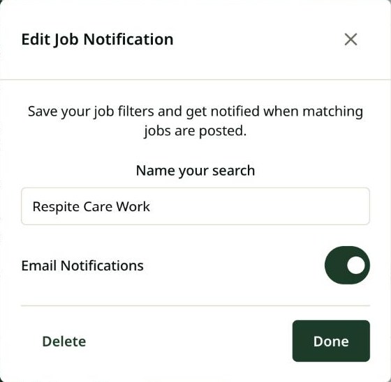 Edit Job Notification window on a computer, with the Email Notifications switch, a Delete link and a Done button.