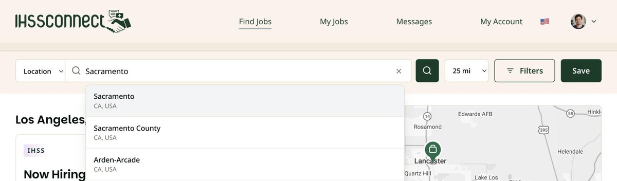 Find Jobs on a computer with Sacramento typed in the search box and a list of suggested places below it. Sacramento, CA, USA is marked.