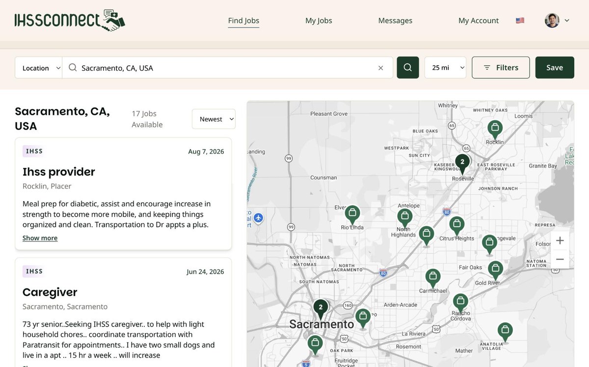 Find Jobs on a computer showing Sacramento results in a list on the left and a map of job pins on the right.