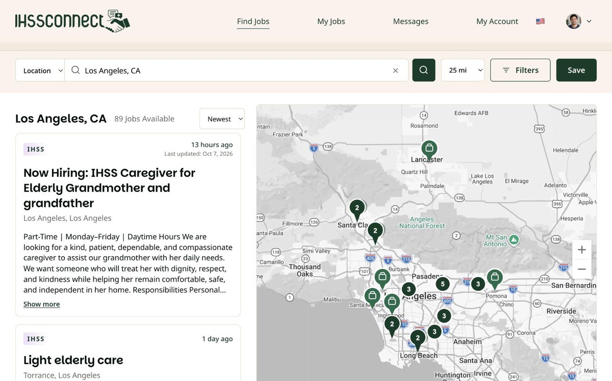 Find Jobs on a computer showing Los Angeles results with a map. Find Jobs is marked in the menu bar at the top.
