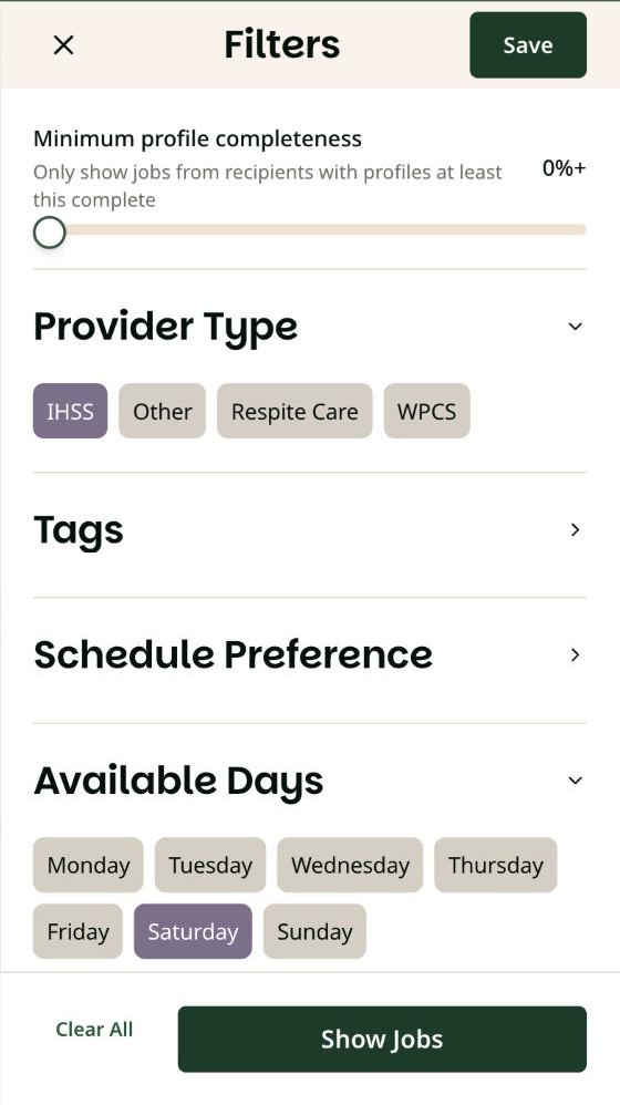 Filters panel on a computer with IHSS and Saturday selected in purple. The Show Jobs button is marked.