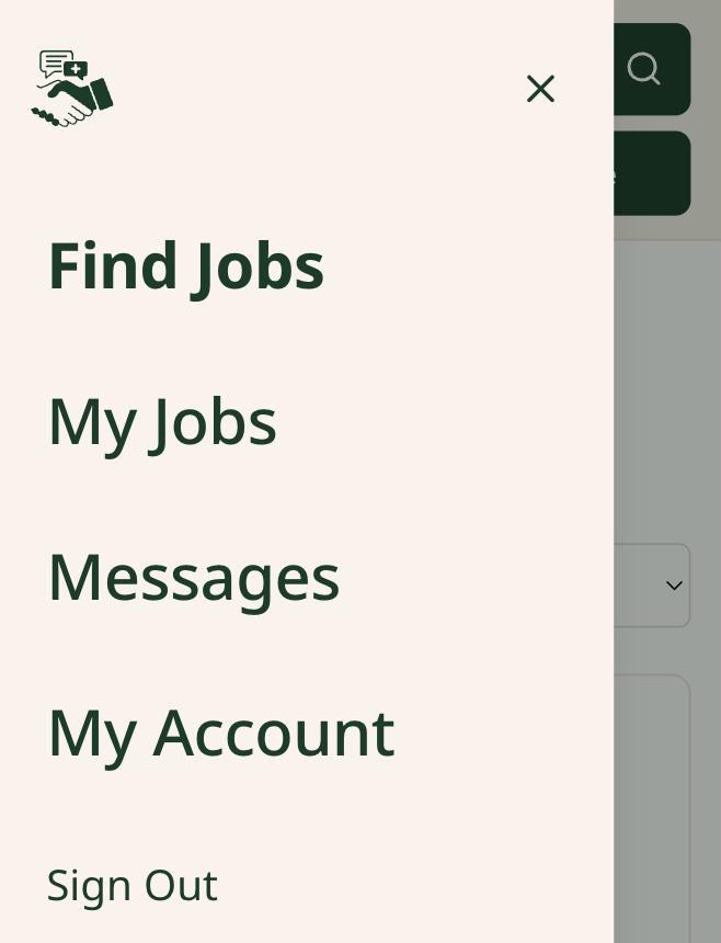 IHSS Connect menu open on a phone with Find Jobs, My Jobs, Messages, My Account and Sign Out. Find Jobs is marked.