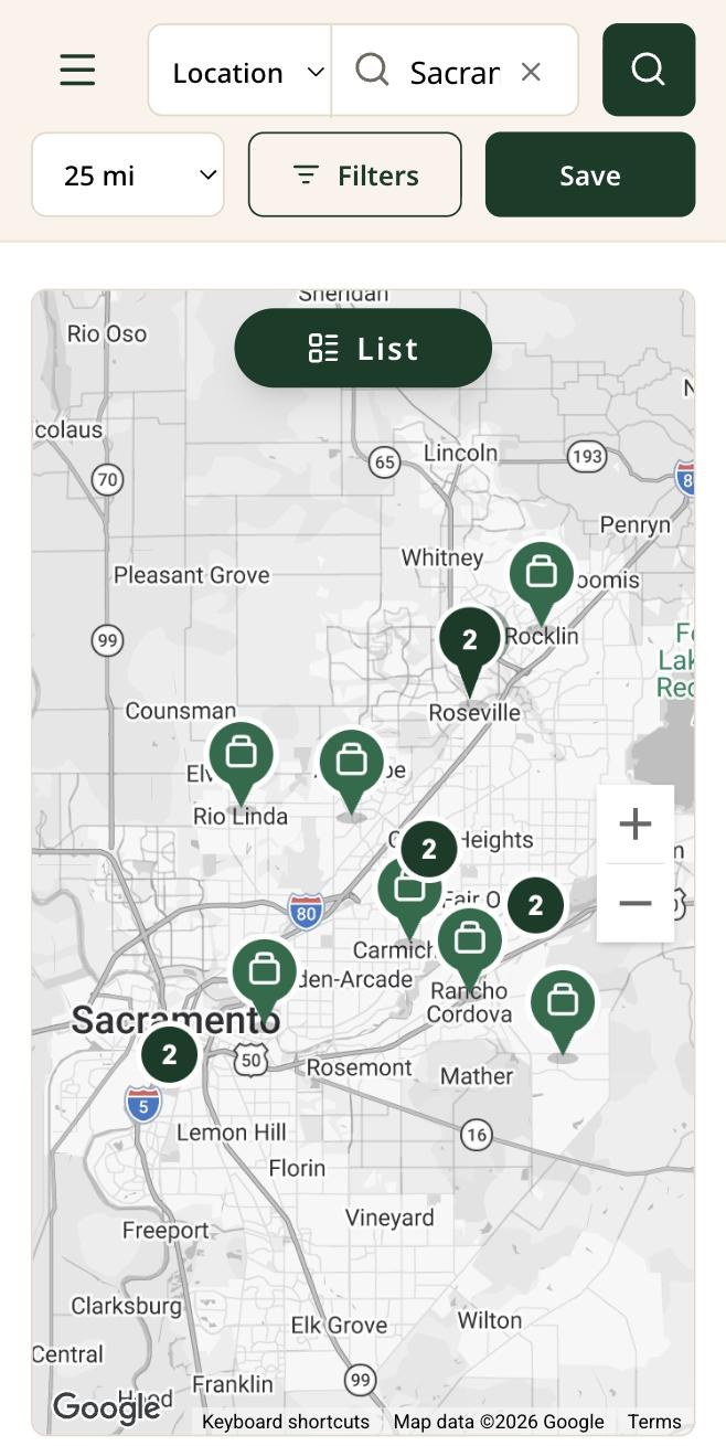Map view on a phone showing job pins around Sacramento. Numbered circles group several jobs. The List button is marked.