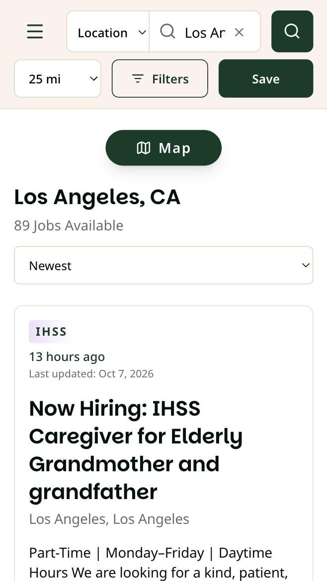 Find Jobs on a phone showing Los Angeles, CA with 89 jobs available. The search box at the top is marked.