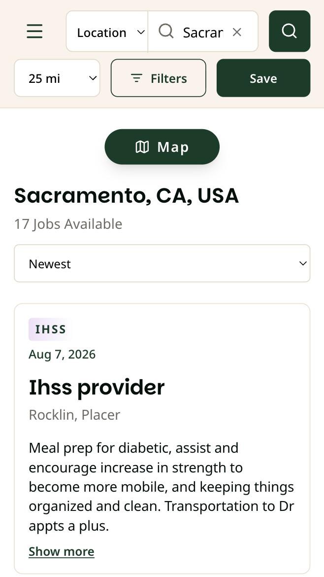 Find Jobs on a phone after searching Sacramento, showing Sacramento, CA, USA with 17 jobs available.