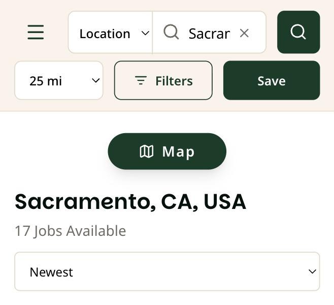 Top of the Find Jobs page on a phone. The distance box set to 25 miles is marked.