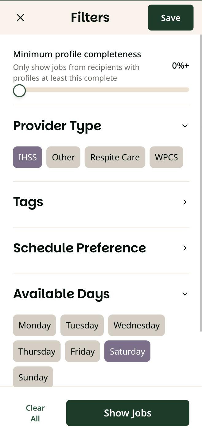 Filters panel on a phone. IHSS under Provider Type and Saturday under Available Days are selected and shown in purple. The Show Jobs button is marked.