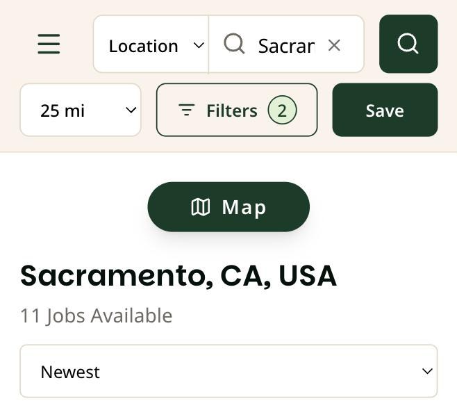 Sacramento results on a phone after filtering. The Filters button shows the number 2 and the page shows 11 jobs available.