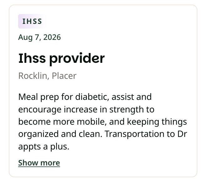 A job card on a phone showing the provider type, posting date, title, city and county, and description. The Show more link is marked.