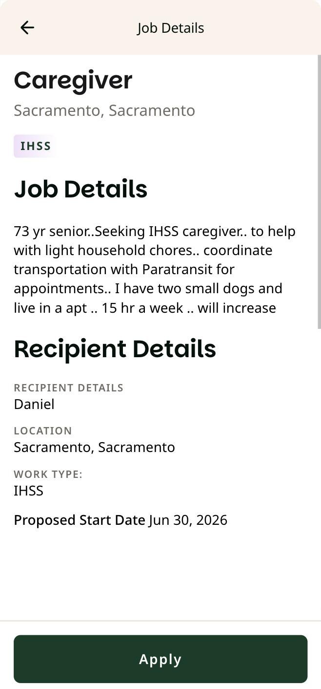 Job Details on a phone showing the job description, recipient details and an Apply button at the bottom. The recipient name shown is a stand-in.