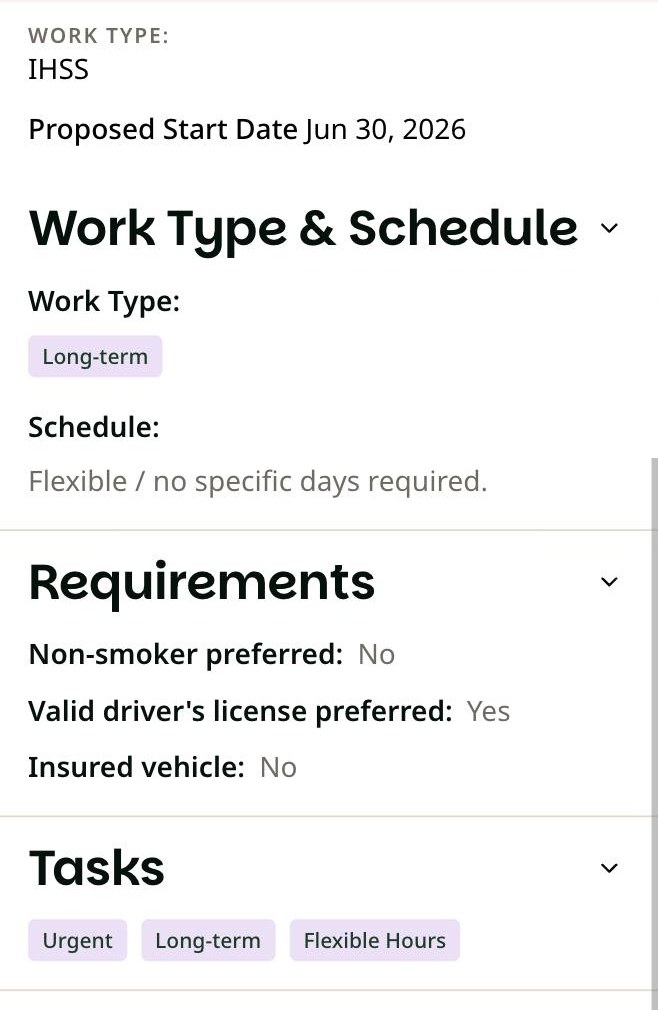 Lower part of Job Details on a phone showing Work Type and Schedule, Requirements, and Tasks.