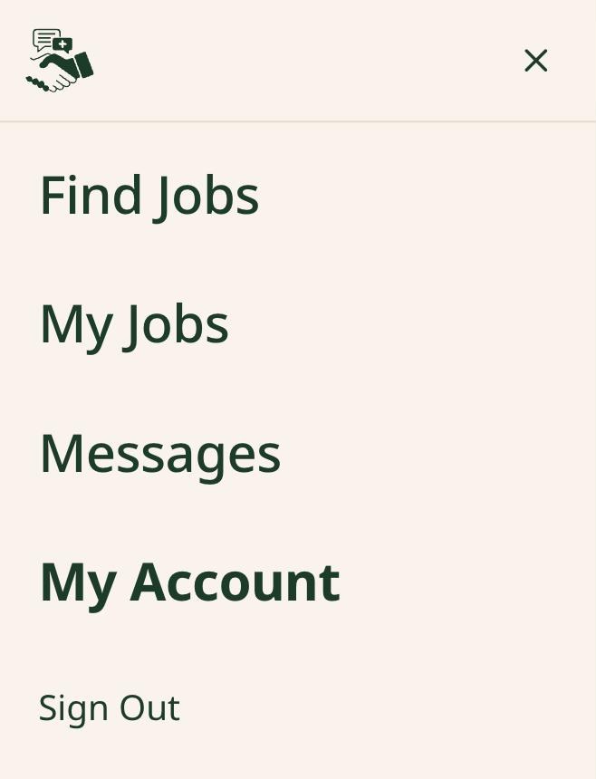 IHSS Connect menu open on a phone, showing Find Jobs, My Jobs, Messages, My Account and Sign Out. My Account is marked.
