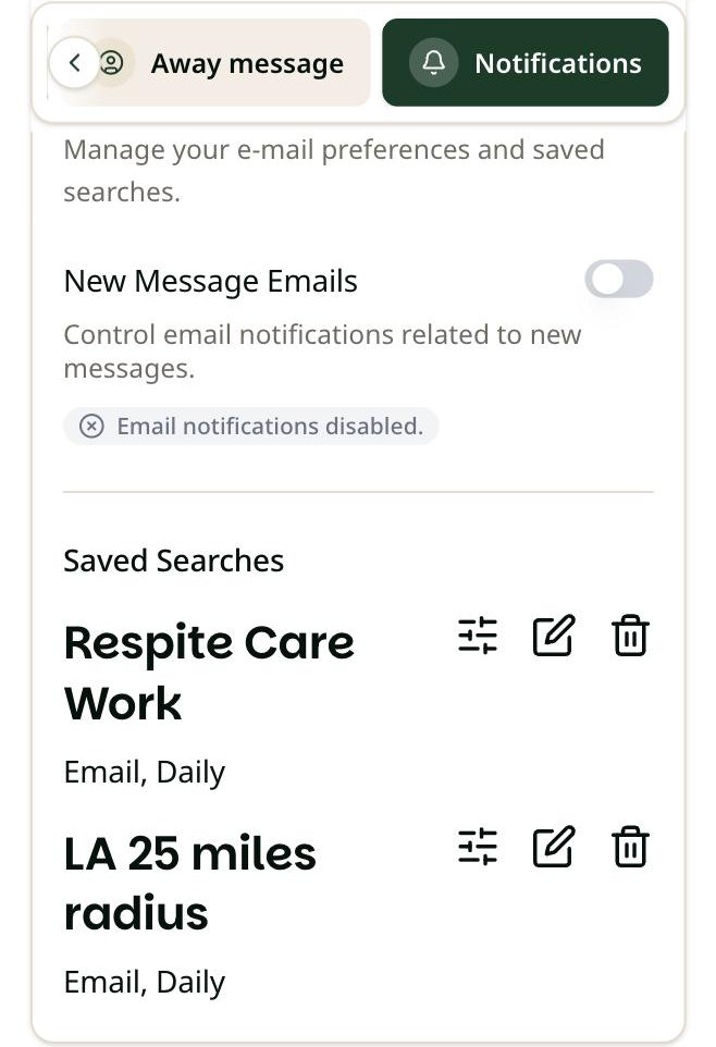 Notifications section on a phone, showing the New Message Emails switch and two saved searches, each with a filters icon, a pencil icon and a trash can icon.