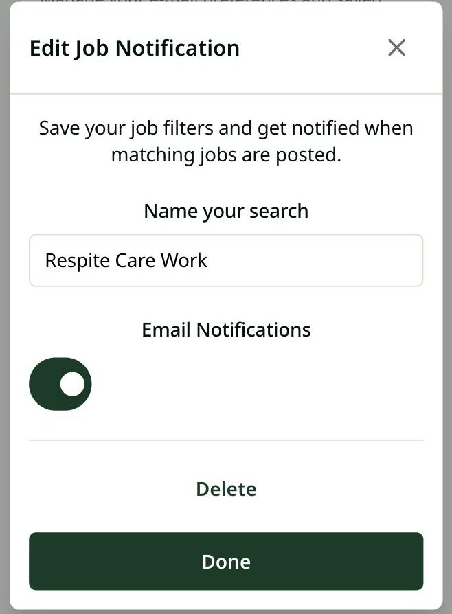 Edit Job Notification window on a phone, with the search name, an Email Notifications switch, a Delete link and a Done button.