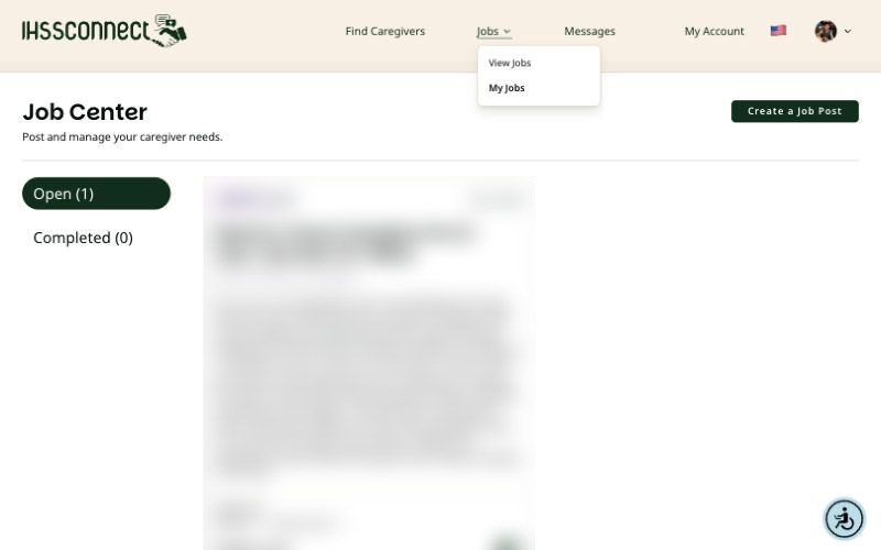 IHSS Connect desktop Jobs menu open, showing View Jobs and My Jobs above the Job Center