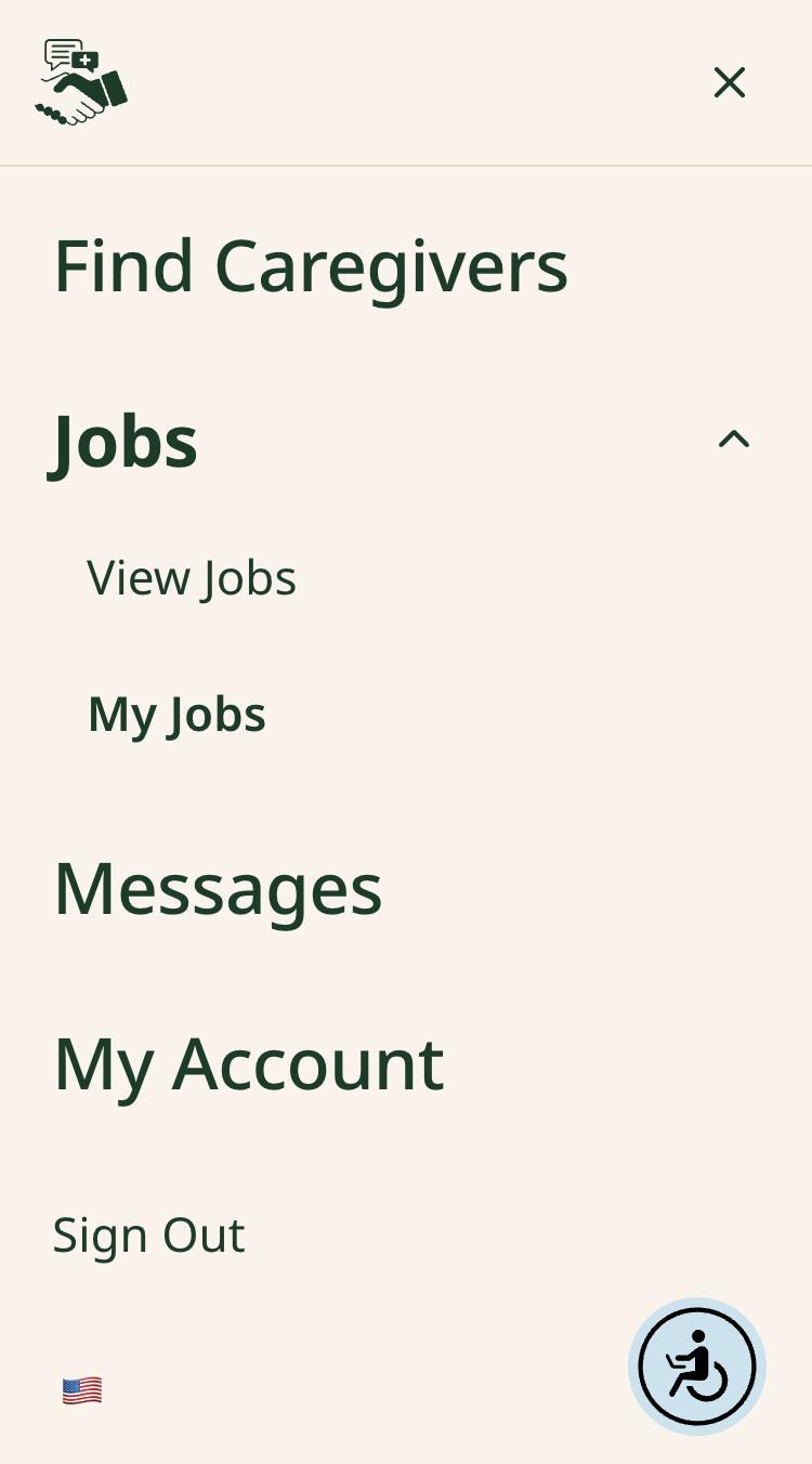 IHSS Connect phone menu with Jobs expanded, showing View Jobs and My Jobs