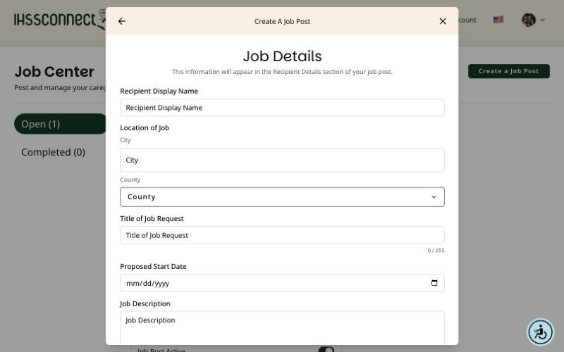 Blank Job Details form on a computer with fields for name, city, county, title, start date, and description