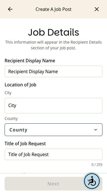 Blank Job Details form on a phone with fields for Recipient Display Name, City, County, and Title