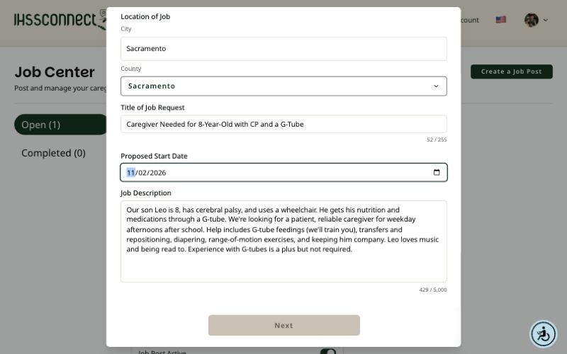 Job Details form on a computer filled in with Sacramento, a job title, start date, and description