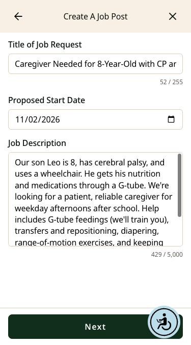 Job Details form on a phone filled in with a title, a start date of 11/02/2026, and a description