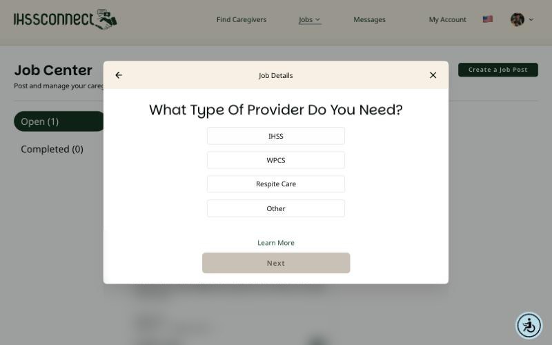 What Type Of Provider Do You Need screen on a computer with IHSS, WPCS, Respite Care, and Other