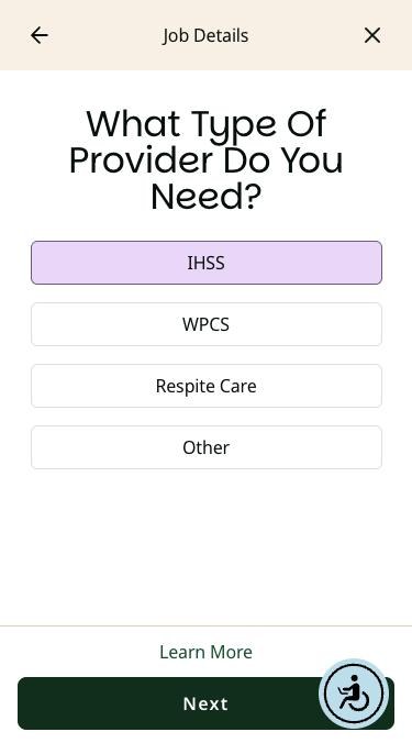 What Type Of Provider Do You Need screen on a phone with IHSS selected