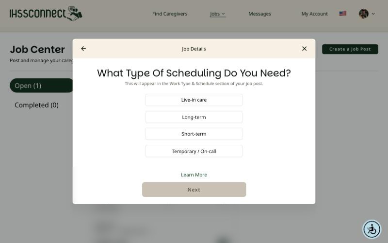 What Type Of Scheduling Do You Need screen on a computer listing Live-in care, Long-term, Short-term, and Temporary or On-call