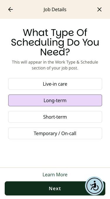What Type Of Scheduling Do You Need screen on a phone with Long-term selected