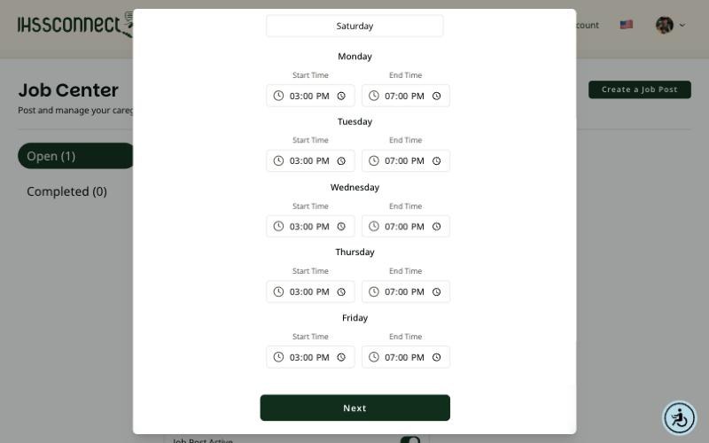 Job Schedule screen on a computer showing start and end times of 3:00 PM to 7:00 PM for Monday through Friday