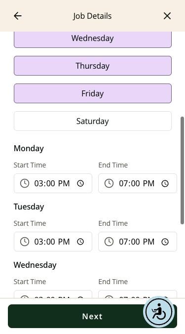 Job Schedule screen on a phone with weekdays selected and 3:00 PM to 7:00 PM start and end times